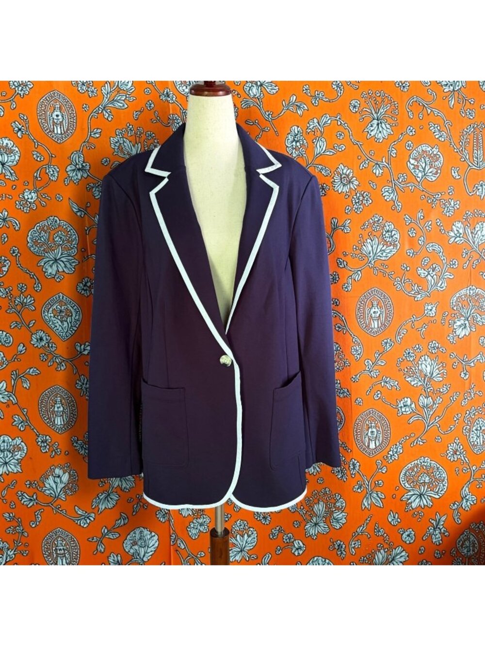 Lane Bryant Navy Blue Ponte Blazer Jacket White Trim Stretch Career Office Size